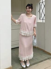 Dazy Plus 2 pezzi/set top e gonna con scollo rotondo, balza sul fondo e colore a contrasto