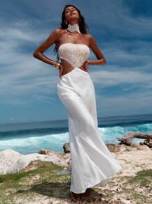 Opulessa Women's Solid Color Woven Contrast Lace Backless Dress - White - View 3
