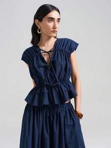 Ontre Conjunto de 2 piezas de camisa con nudo y minifalda de unicolor casual para mujer, Otoño/Invierno 2025