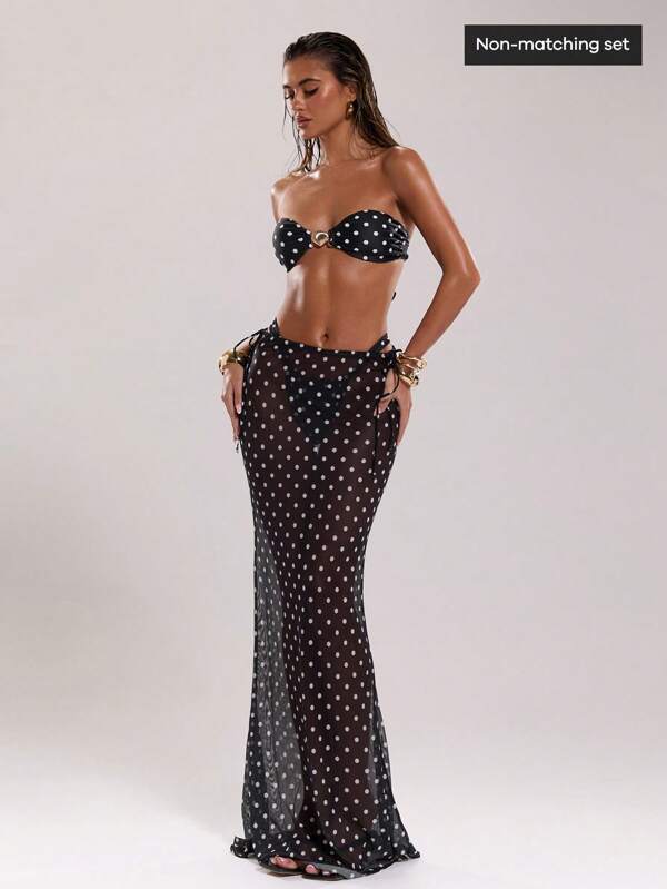 SHEIN BAE Women's New Arrival Black & White Polka Dot Low Waist Drawstring Resort Swimwear, Elegant & Sexy Cover Up, The Seduction Of Dark Romance