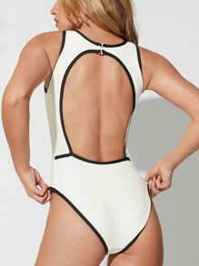 GLOWMODE Glow With The Flow Quick Dry Chlorine Resistant High Neck Back Cutout Removable Cups Colorblock Trim Full Coverage One Piece Swimsuit Swimming Beach Pool Vacation Resort Travel Summer Wear