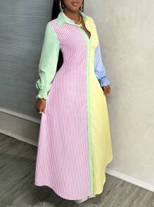 BamGleam Striped Print Colorblock Long Shirt Dress For Summer Maxi Women Outfit Fall Cloth For Women - Multicolor - View 3