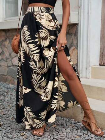 SHEIN PETITE Leopardenmuster Schlitz Hohe Taille Sommer Damenrock, Lässiger Urlaubsstil