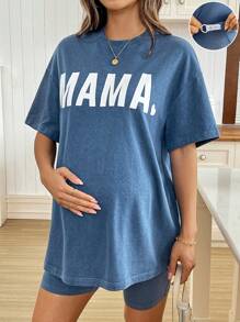 SHEIN Maternity Two Pieces Suits,Mother's Day,Blue Maternity Two Pieces , Letter Print Oversized T Shirt Oversized T Shirt Women T Shirts Oversized Oversized T Shirts - Blue - View 1