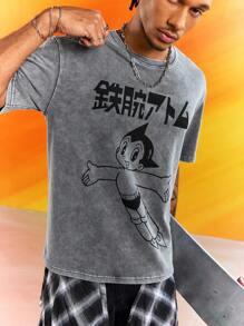 Astro Boy X SHEIN Men's Cartoon Graphic Print Round Neck Short Sleeve T-Shirt Tee - Grey - View 1