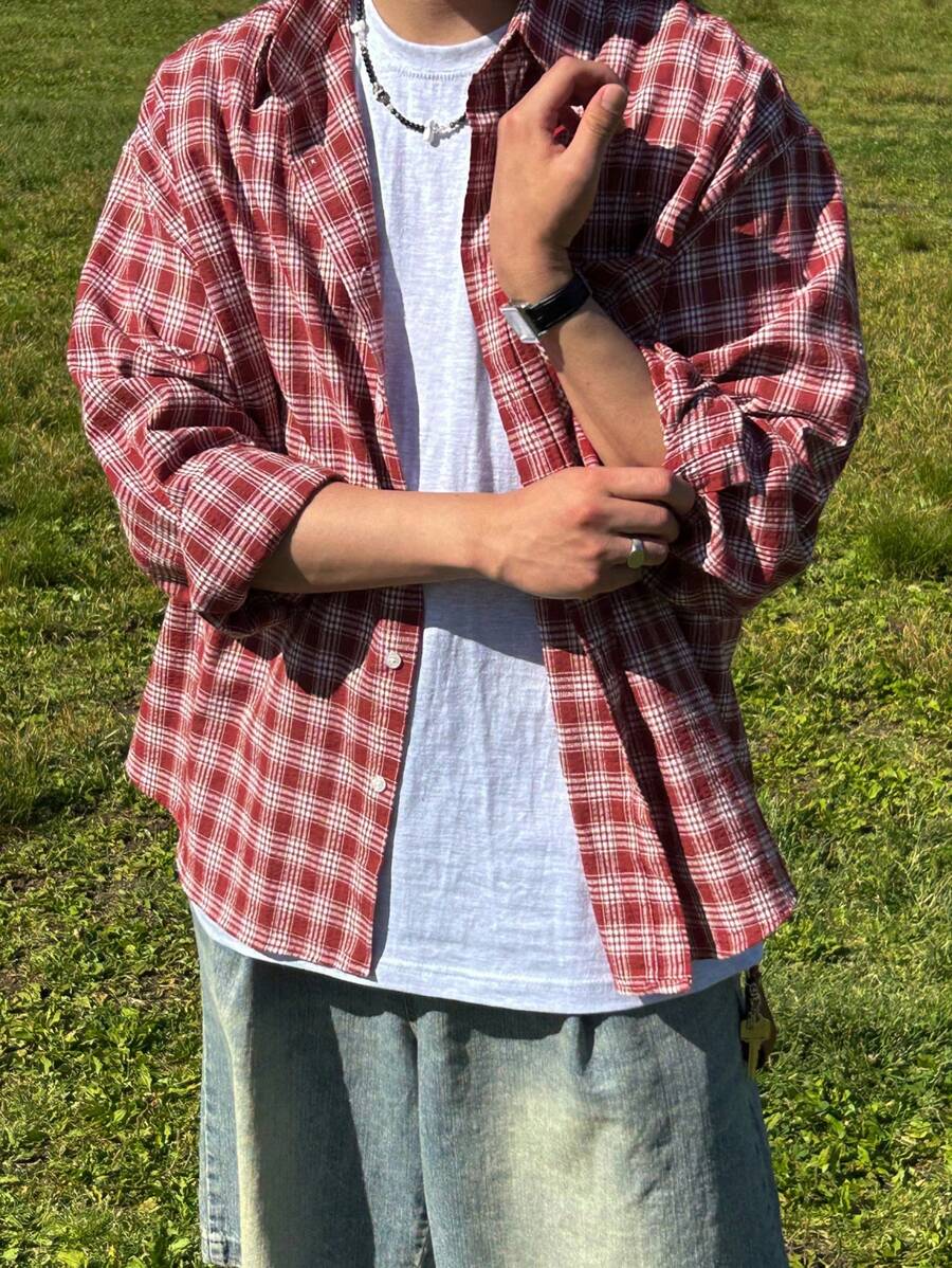 DAZY Men's Casual Fall Plaid Red Shirt For Spring & Summer,Back To School