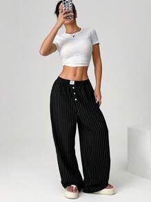 Solflare Striped Patch Decor Straight Leg Casual Pants, Plus Size
