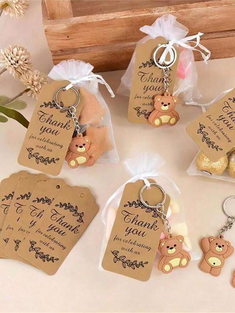 SHEIN Basic living 24pcs-Bear Party Decorations For Guests, Keychains, Tags And Gift Bags For Bear Party, Animal Lover, Birthday Gift, Gifts Set With Teddy Bear Design, Lovely Bear Keychain In Clear Cellophane Bag With Thank You Kraft Tag,Party Supplies And Decoration - Multicolor - View 9
