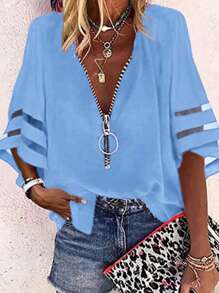 INAWLY 女士时尚拉链前纯色上衣，适合夏季 - 藍色 - 查看 1