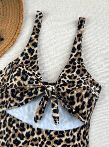 SHEIN Swim 最新款多色豹纹胸前系带性感修身连体比基尼泳装 - 彩色 - 查看 5