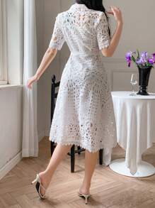 DAZY 法式优雅淑女蕾丝镂空短袖迷你连衣裙，青春活力白色派对礼服，正式女士连衣裙 - 白色 - 查看 4