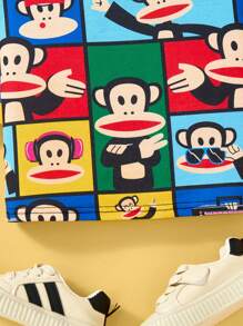 Paul Frank X SHEIN Camiseta de manga corta de verano fresca con estampado de mono de dibujos animados colorido por todas partes para niños pequeños
