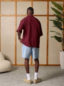 SUMWON 纹理条纹夏季度假衬衫纽扣领露营领假日海滩休闲短袖轻便度假周末家居服 - 酒紅色 - 查看 5