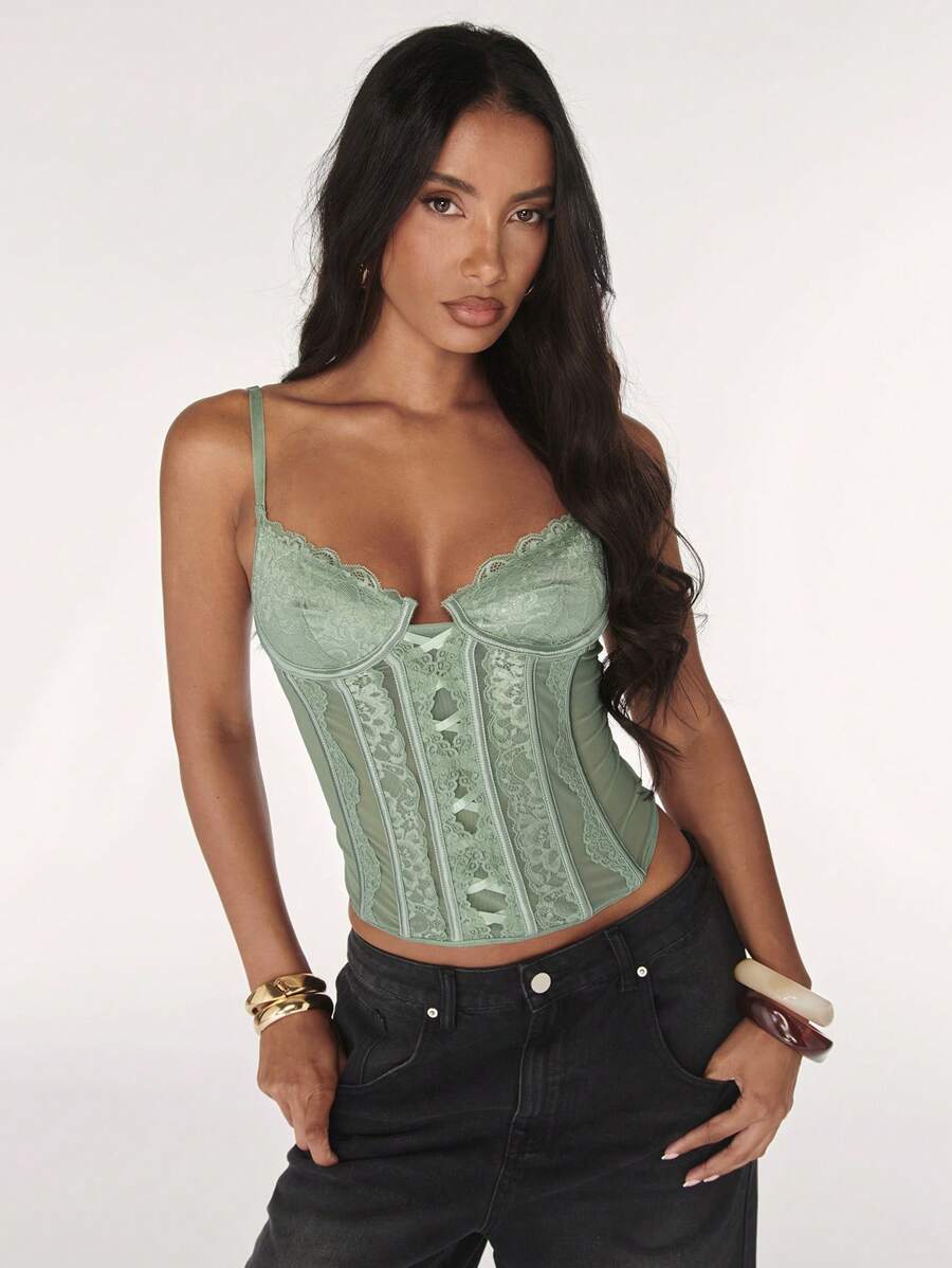 SHEIN BAE Débardeur en dentelle pour femmes, élégant vert sauge pour soirée d'été, polyvalent pour concert de rue, rave, anniversaire, rendez-vous, sortie nocturne, Noël - Vert menthe - Voir 1