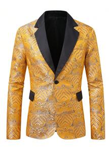 Manfinity Mode Men's Retro Jacquard Blazer Yellow Top Men Prom Suits For Men's Prom Suit
