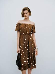 Lumivelle Polka Dot Off Shoulder Long Dress With Puff Sleeves, Retro Style - Mocha Brown - View 5