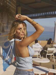 Aralina Plunge Halter Neck Crinkle Texture Ruched Waist Vacation Outfits Women Top - Blue - View 2