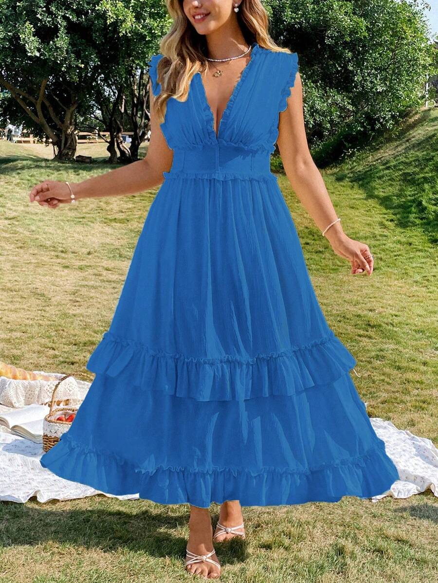 Flirla Gaun Panjang Wanita Ukuran Plus Elegan Warna Polos dengan Hiasan Ruffle dan Tali - Royal Blue - View 1