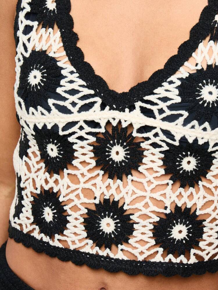 Flower Crochet Casual See Through Round Deep Neck Sleeveless Top