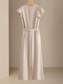 SHEIN Clasi Women's Fashionable Elegant V-Neck Ruffle Hem Minimalist Short Sleeve Waist Tie Wide Leg Jumpsuit, Solid Color, Spring/Summer