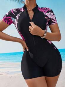 Swim SPRTY 1 件女士简约拉链连体泳衣，夏季时尚