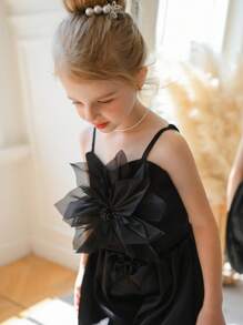 SHEIN Young Girl Solid Color 3D Floral Decor Camisole - Black - View 3