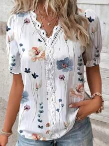 SHEIN Tall Women Floral Print Contrast Color Lace Puff Sleeve Shirt Blouse, Casual Top For Summer