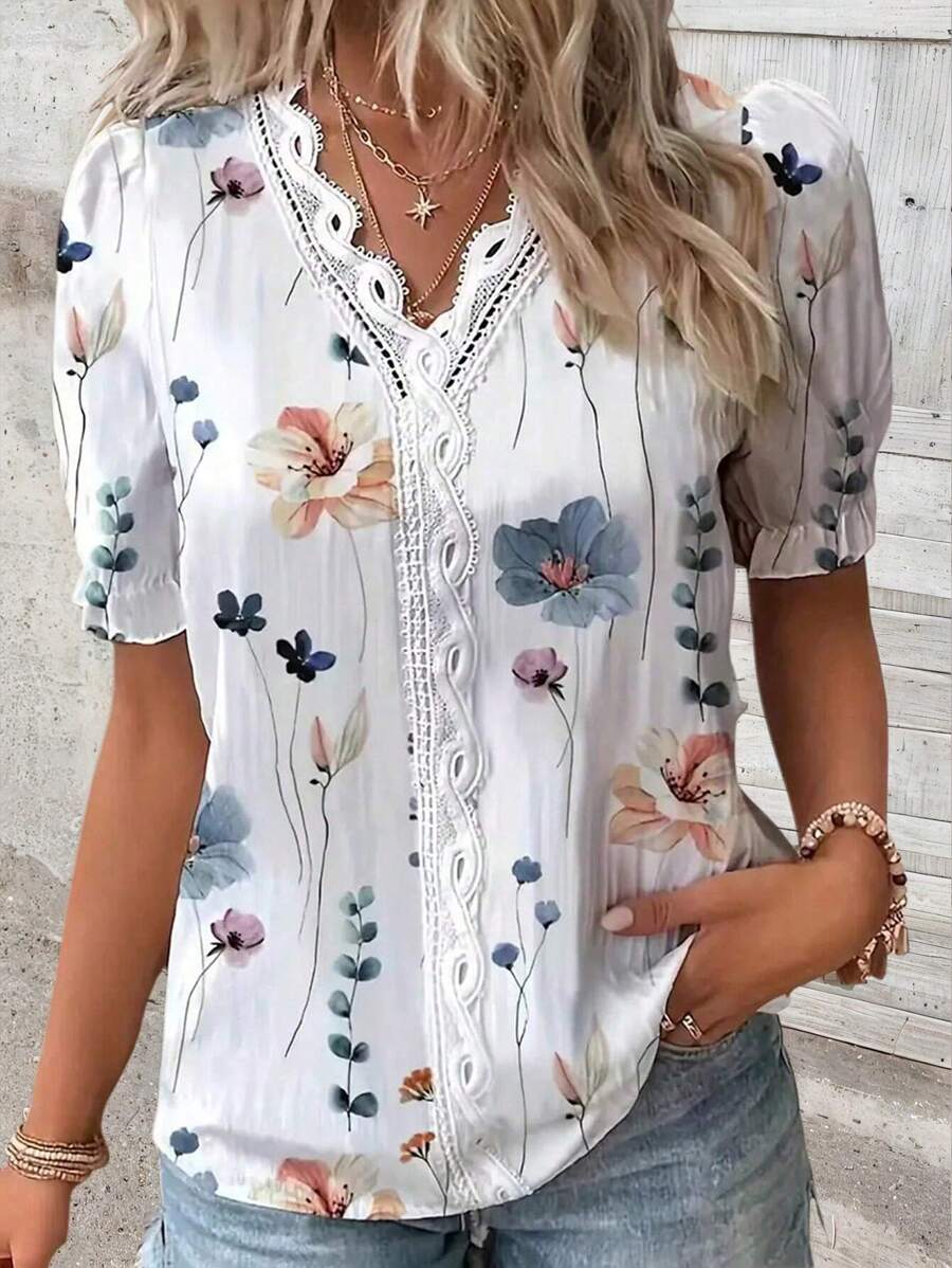 SHEIN Tall Women Floral Print Contrast Color Lace Puff Sleeve Shirt Blouse, Casual Top For Summer