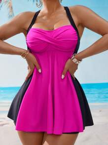 Swim Lushoire Women's Summer Beach Decorate Criss Cross Halter Tankini Swimsuit Set - Multicolor - View 3