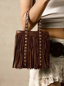 SHECARRY Y2K Sexy Babe Fringe Metal Rivet Distressed Retro Handbag - Brown - View 3