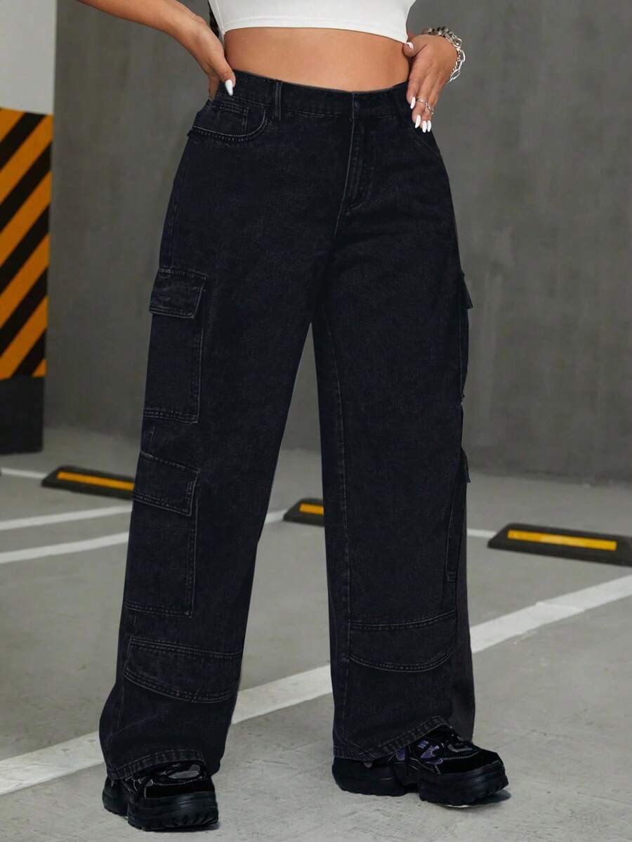 SHEIN CURVE+ 大码女式牛仔宽松直筒多口袋宽松工装牛仔裤夏季女士节日装 - 灰色 - 查看 1