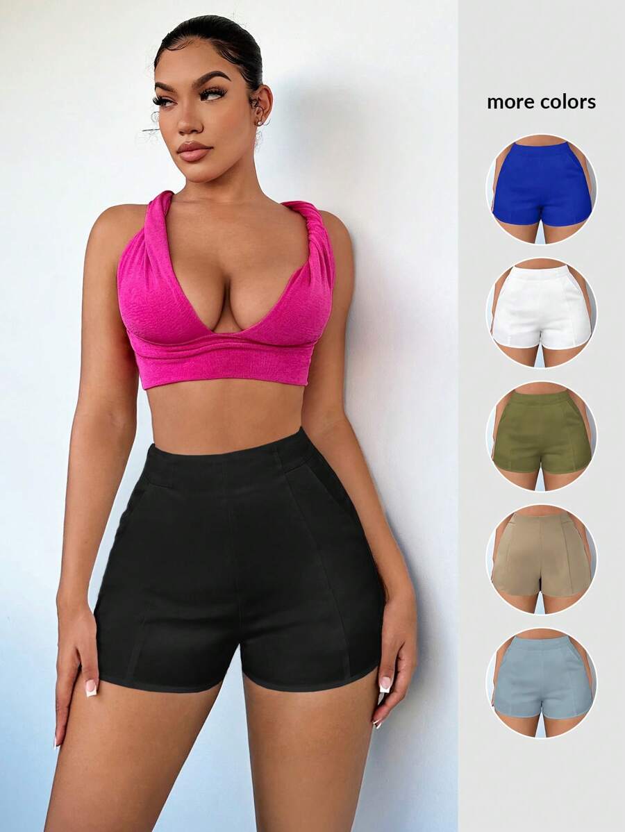 SHEIN SXY 素色高腰短褲 - 黑色 - 查看 1