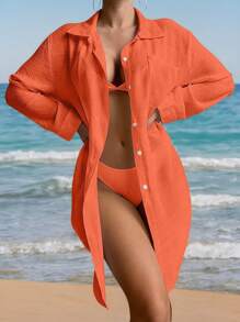 SHEIN Swim 夏日海灘 massasoit 扣前口袋拼接和服