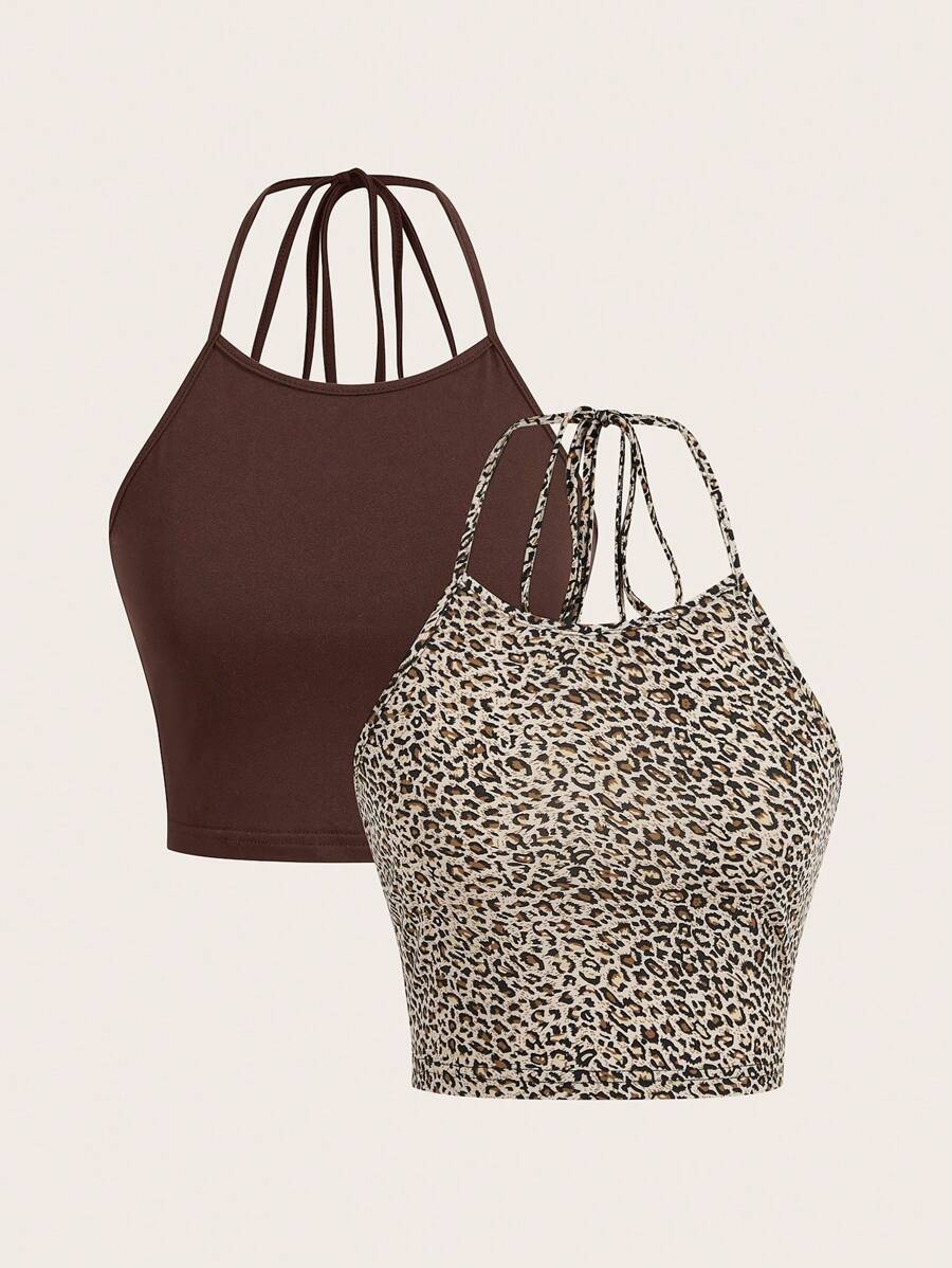 SHEIN EZwear 两件套女士休闲性感细肩带修身露背上衣，适合夏季返校 - 彩色 - 查看 1