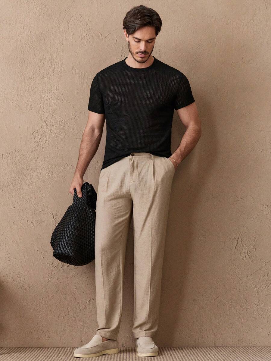 HIMLAND Men Solid Waffle Knit Tee, Summer - Black - View 1