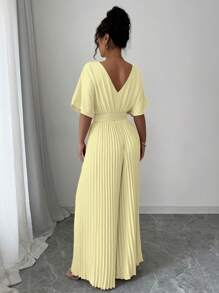 Lyxana Solid Color Deep V-Neck Bat-Wing Pleated Elegant Women's Jumpsuit - Yellow - View 2