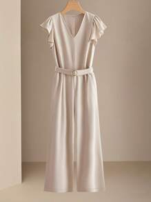 SHEIN Clasi Women's Fashionable Elegant V-Neck Ruffle Hem Minimalist Short Sleeve Waist Tie Wide Leg Jumpsuit, Solid Color, Spring/Summer