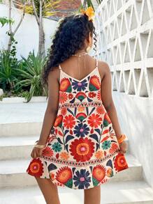 SHEIN Tween Girls Vacation Casual Floral Print Loose Spaghetti Strap Dress, Spring/Summer - Multicolor - View 2