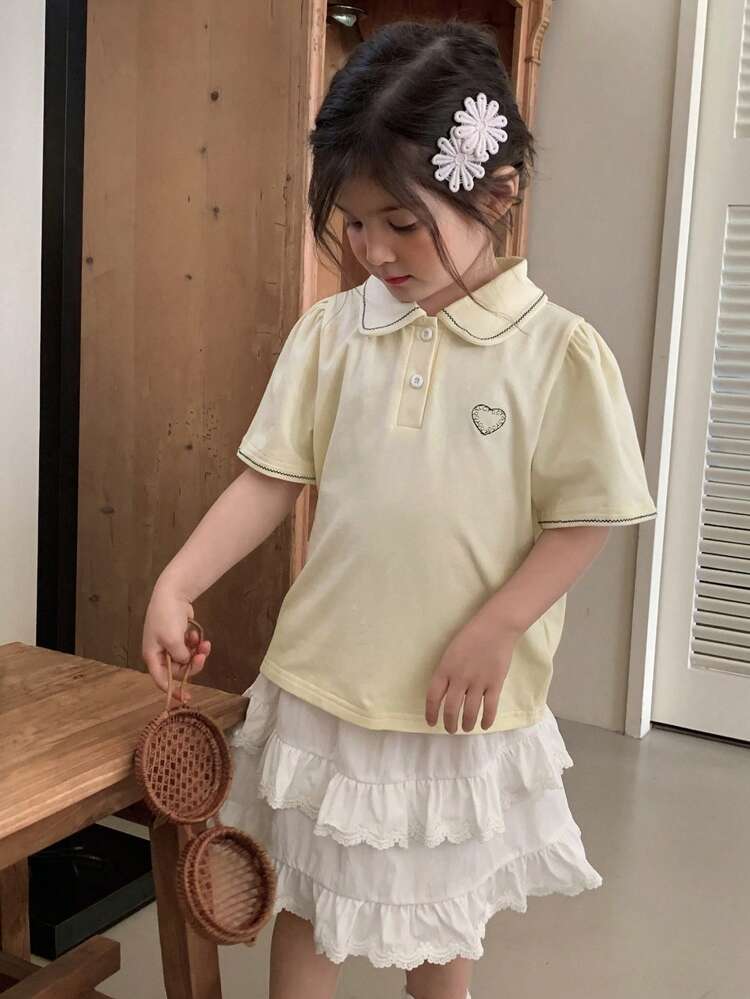 2セット ガールズサマーアウトフィット - ポロカラーショートスリーブTシャツとスカートセット