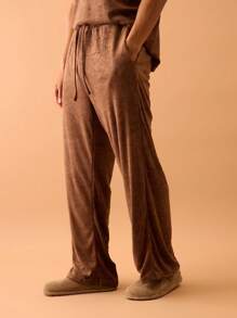 Musero Elasticated Straight Leg Towelling Trousers Summer Streetstyle Vacation Smart Casual - Brown - View 3