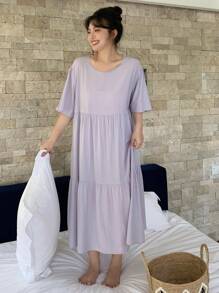 Dazy Plus Plus Size Solid Color Loose Fit Round Neck Short Sleeve Long Purple Nightgown, Pajama - Purple - View 7
