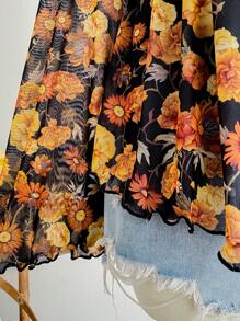 Soleia 大码女式复古花卉印花 V 领长袖裹身衬衫，针织网眼上衣，适合秋冬季外套 - 彩色 - 查看 5