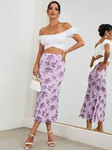Firerie Women's Romantic Floral Print Mermaid Ruffle Elastic Mesh Skirt,Bohemian Clothes - Lilac Purple - View 5