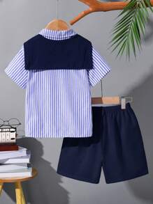 4 件套小男孩夏季可爱条纹短袖衬衫、松紧腰短裤、披肩、绅士套装（配腰带），适合生日派对、晚会、表演、婚礼、返校、度假