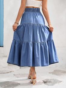 Vivid Eden 女式宽松松紧腰长牛仔裙，蓝色