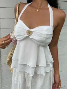 SHEIN EZwear Women's Shell Decor Pleated Elegant Halter Neck Camisole - White - View 5