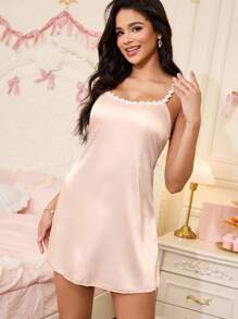SweetSlumber Romantic & Sexy Lace Patchwork Satin Slip Nightgown Babydoll For Women Luxeloungewear