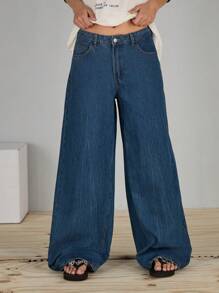 COUREZ Low Rise Super Oversized Jeans With Back Adjustable Strap , Y2K, Casual, Cotton, Summer For Women Vintage - Blue - View 4