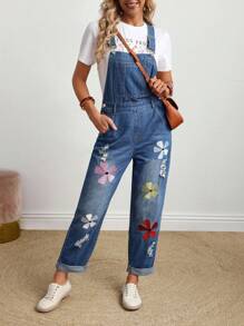 EMERY ROSE Mono de mezclilla versátil y casual con bolsillo y bordado floral para mujeres