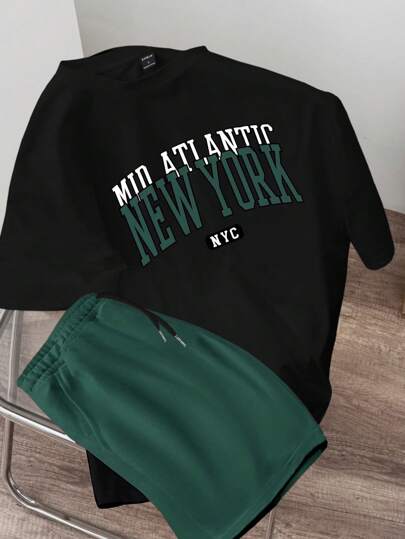 Manfinity Joysei Conjunto de camiseta casual de manga corta y cuello redondo con estampado de letras, y shorts con cordón en la cintura para hombres